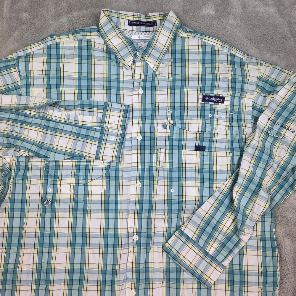 Columbia PFG Super Bonehead Fishing Shirt Mens XL Plaid Vented L/S Teal Yellow